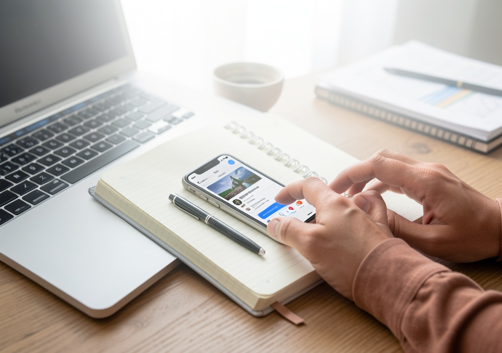 Detail shot showing practical aspects of the app trial notebook: how to test a new app for seven days, focused on workflow execution with natural lighting