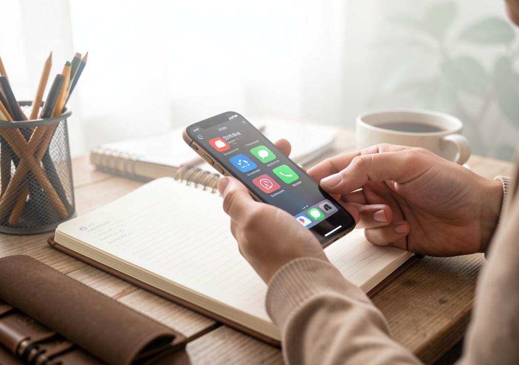 Detail shot showing practical aspects of a nightstand phone setup that helps you sleep, focused on workflow execution with natural lighting