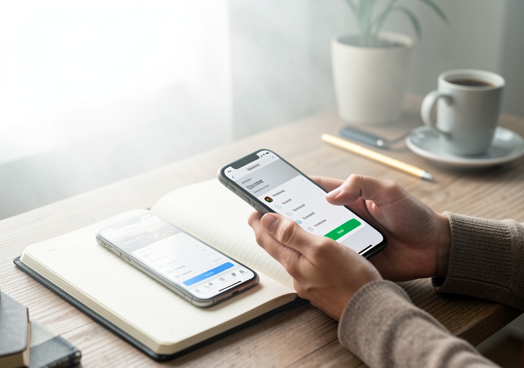 Detail shot showing practical aspects of a simple backup routine before you change phones, focused on workflow execution with natural lighting