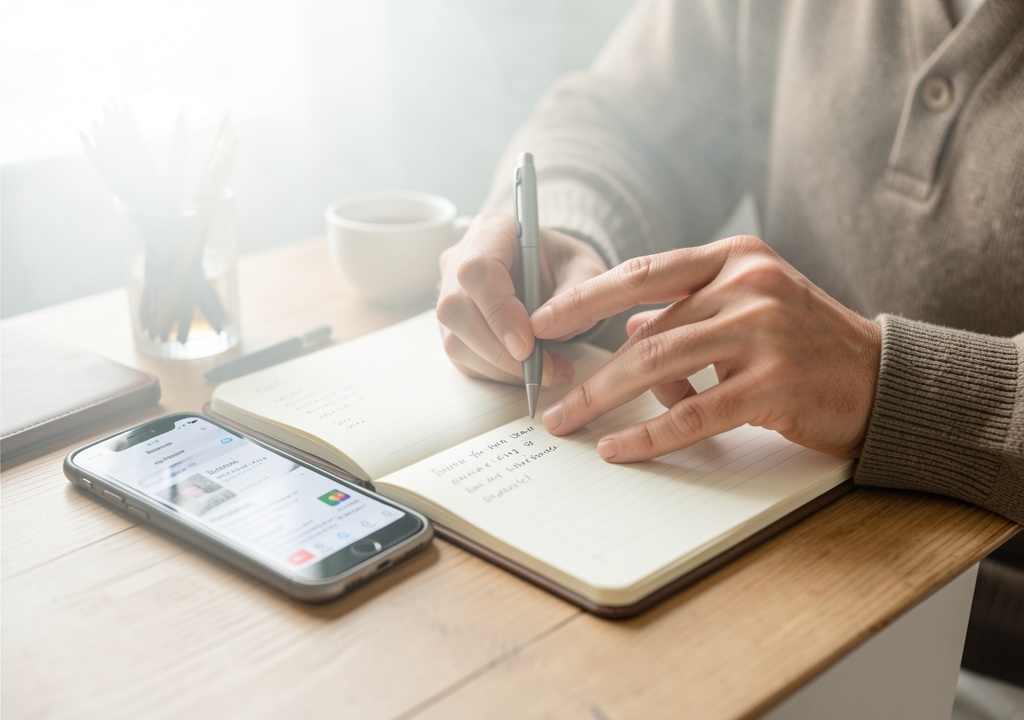 Detail shot showing practical aspects of set up a two-app morning workflow that does not eat the morning, focused on workflow execution with natural lighting
